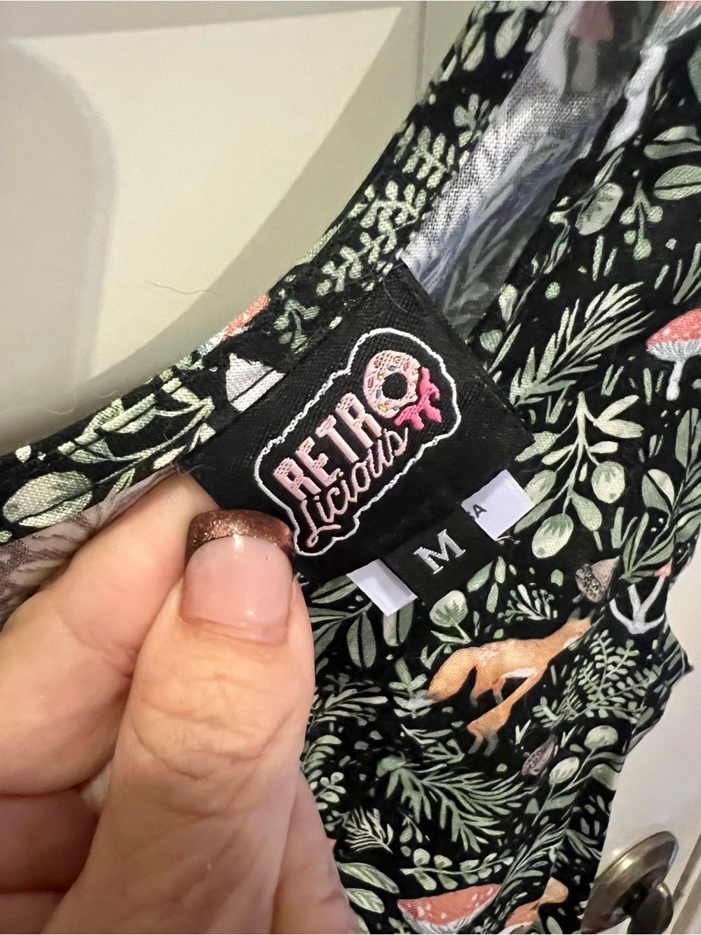 Retrolicious Black Dress with Green & Peach Woodland Fox/Mushroom Print